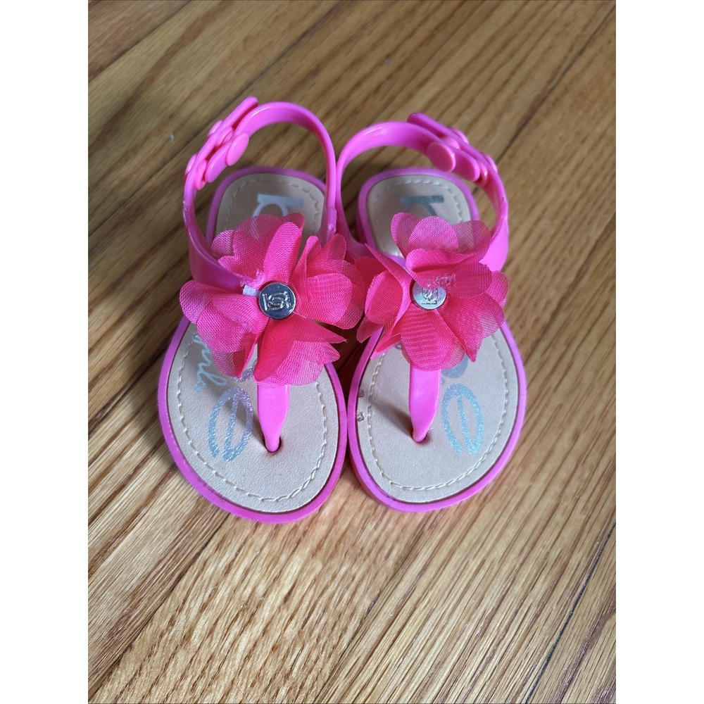 Bebe GIRLS S 5-6 Pink Plastic‎ Flower Summer Beach Strap Sandals Flats